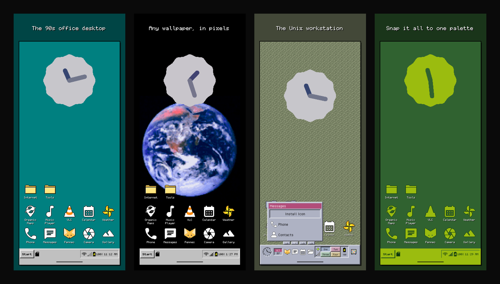 Four phone screenshots: a teal 90s office desktop with a taskbar, a pixelated Earth wallpaper, a Unix workstation front panel and a green Game Boy palette.