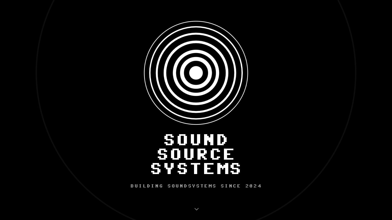 The soundsource.systems front page: the white rings logo above "Sound Source Systems" in pixel letters, on black